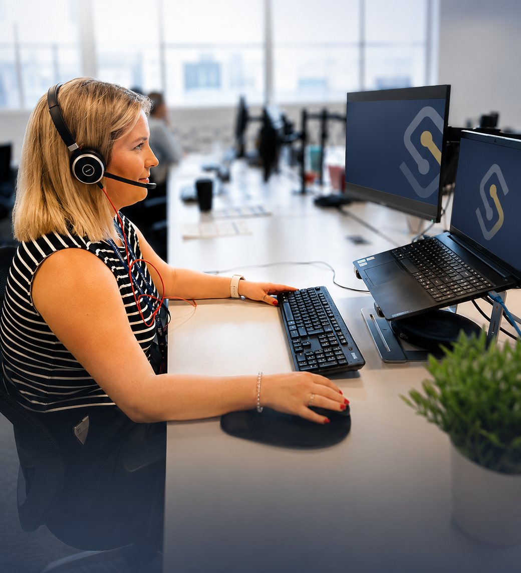 A Unity Connect agent taking a call at her desk in the Sheffield contact centre
